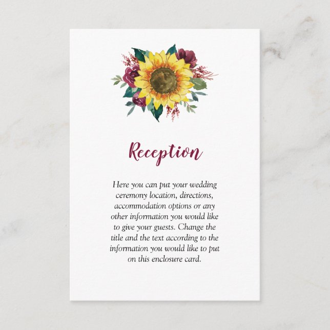 Carte D'accompagnement Tournesol Bourgogne Rose Floral Mariage (Devant)
