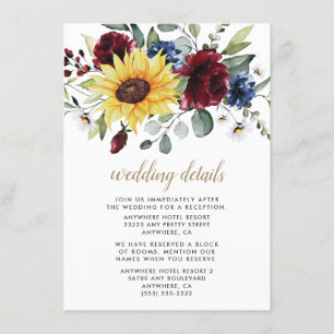 Carte D'accompagnement Tournesol Bourgogne Rose Marine Bleu Russe Mariage