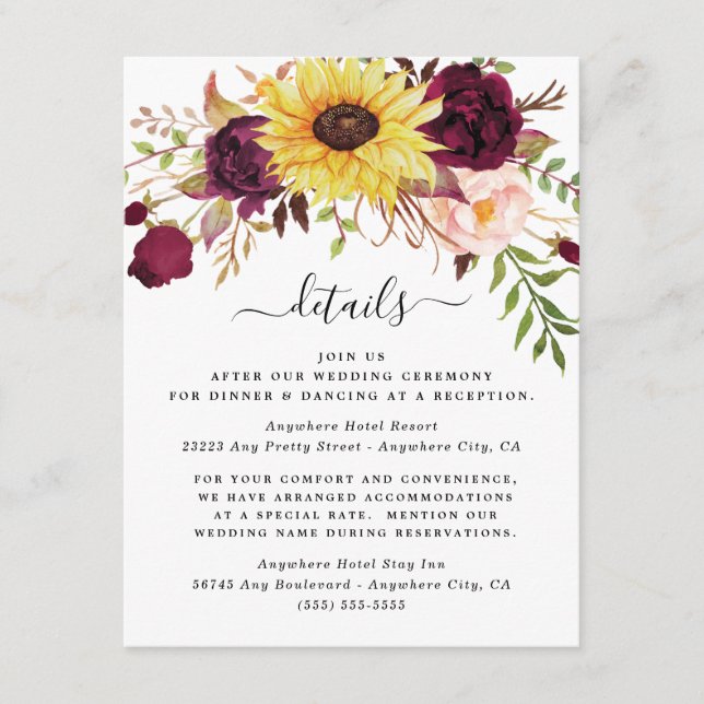 Carte D'accompagnement Tournesol Bourgogne Rouge Blush Peony Mariage Rose (Devant)