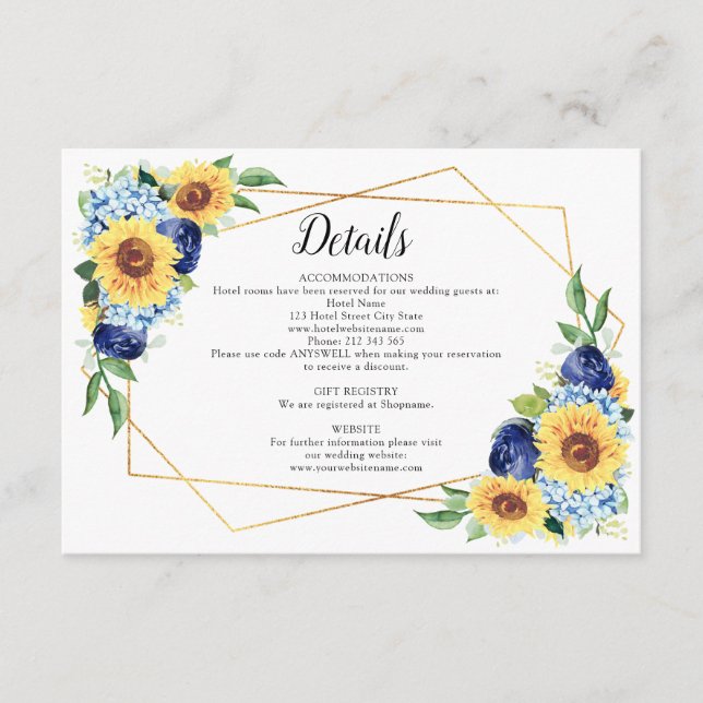 Carte D'accompagnement Tournesol Dusty bleu Détails du Mariage géométriqu (Devant)