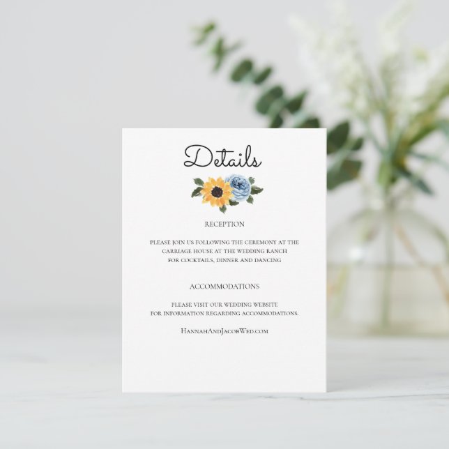 Carte D'accompagnement Tournesol Dusty Bleu Rustique Mariage (Debout devant)