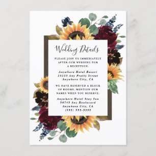 Carte D'accompagnement Tournesol et Rose Bourgogne Rouge Mariage bleu de 