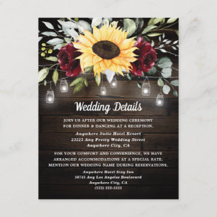 Carte D'accompagnement Tournesol et rose rouge bordeaux Mariage rustique