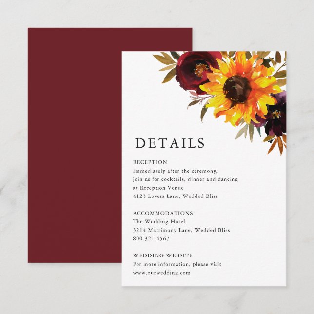 Carte D'accompagnement Tournesol Rose rouge violet rustique Détails du Ma (Devant / Derrière)