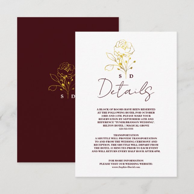 Carte D'accompagnement Trendy Deep Burgundy Gold Monogram Wedding Details (Devant / Derrière)