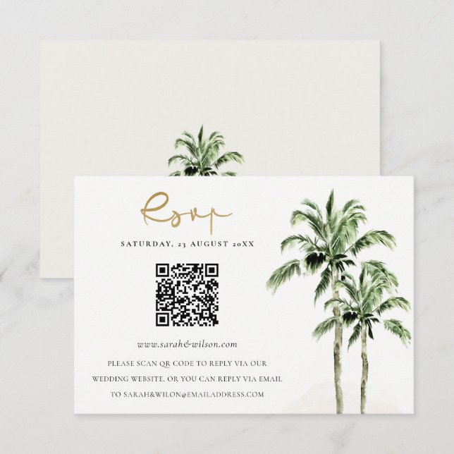 Carte D'accompagnement Tropical Beach Palm Trees Mariage QR Code RSVP (Devant / Derrière)