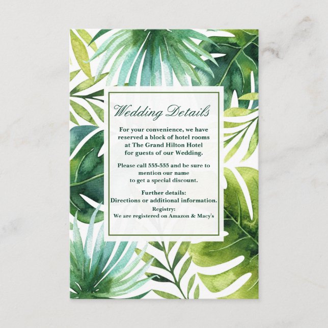 Carte D'accompagnement Tropical Feuille Hawaiian Summer Mariage Détails (Devant)