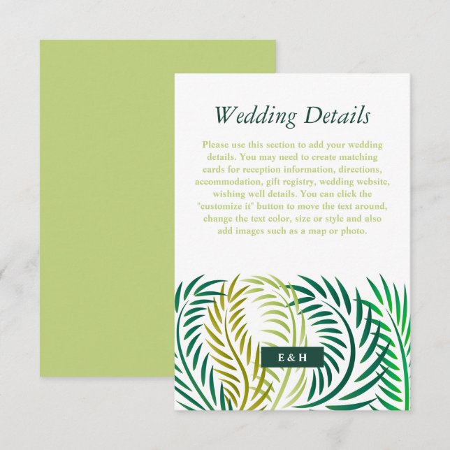 Carte D'accompagnement Tropical Palm Feuilles, Beach Wedding Détails (Devant / Derrière)