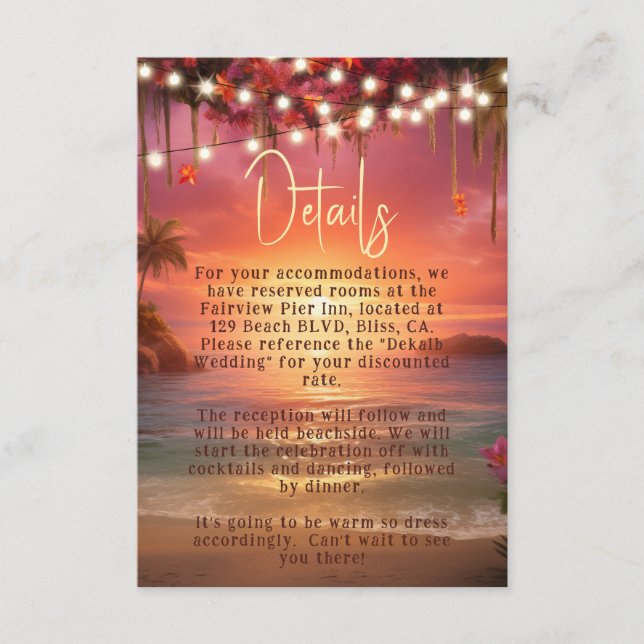 Carte D'accompagnement Tropical Sunset String Lights Beach Wedding Détail (Devant)