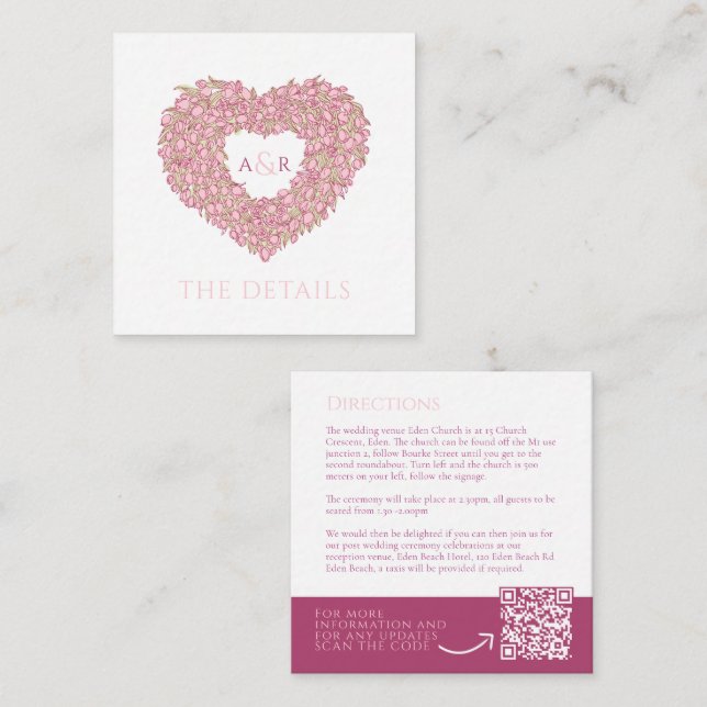 Carte D'accompagnement Tulipes roses détails mariages floraux code QR (Devant / Derrière)