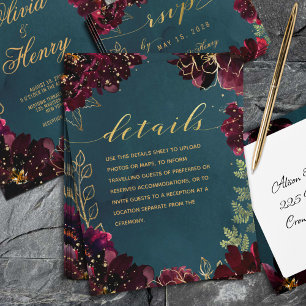 Carte D'accompagnement Turquoise Bordeaux Jewel Tone Mariage Détails Fich