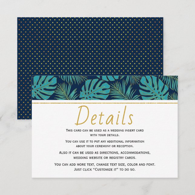 Carte D'accompagnement Turquoise et bleu marine tropicale feuilles détail (Devant / Derrière)