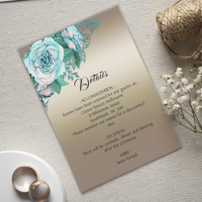 Carte D'accompagnement Turquoise Floral Romance Gold Détails du Mariage (Créateur téléchargé)