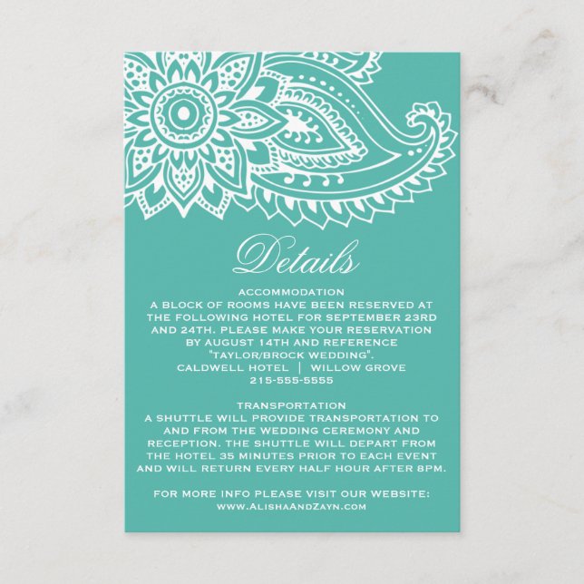 Carte D'accompagnement Turquoise Indien Paisley Détails du Mariage Insére (Devant)