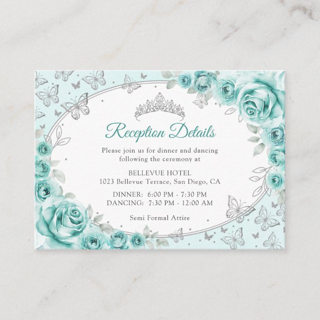 Carte D'accompagnement Turquoise Silver Quinceanera Reception Details (Devant)