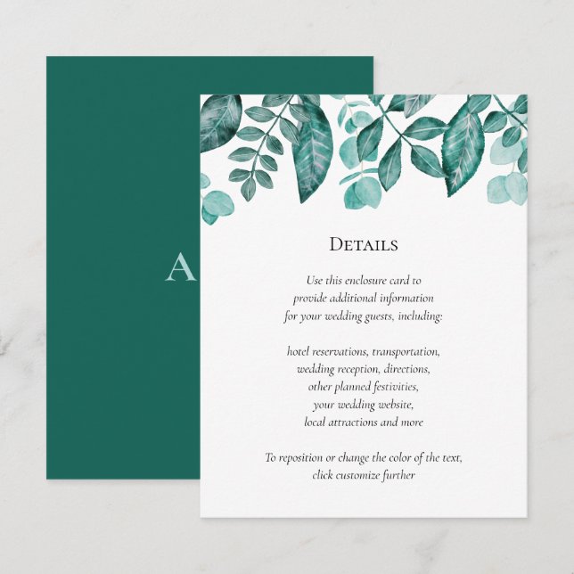 Carte D'accompagnement Turquoise Verdure Détails Mariage Autres informati (Devant / Derrière)