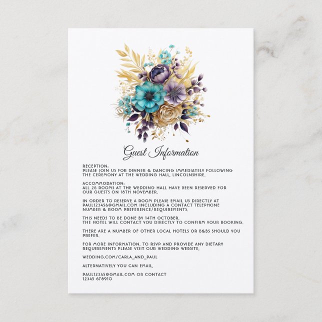 Carte D'accompagnement Turquoise, violet et or Floral Mariage Détails de  (Devant)
