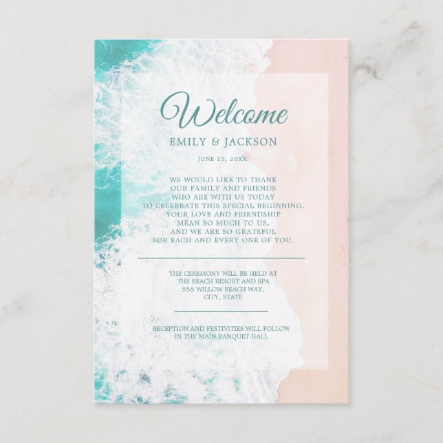 Carte D'accompagnement Turquoise White Beach Ocean Mariage Bienvenue (Devant)