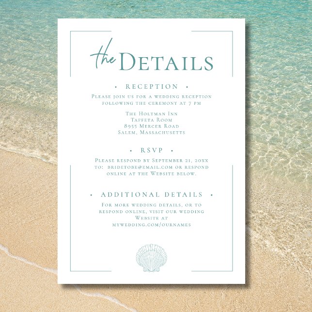 Carte D'accompagnement Typographie minimale Aqua & White Shell Mariage (Minimal Typography Aqua & White Shell Wedding Enclosure Card)