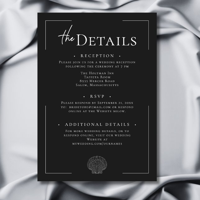 Carte D'accompagnement Typographie minimale Mariage Shell noir et blanc (Minimal Typography Black & White Shell Wedding Enclosure Card)