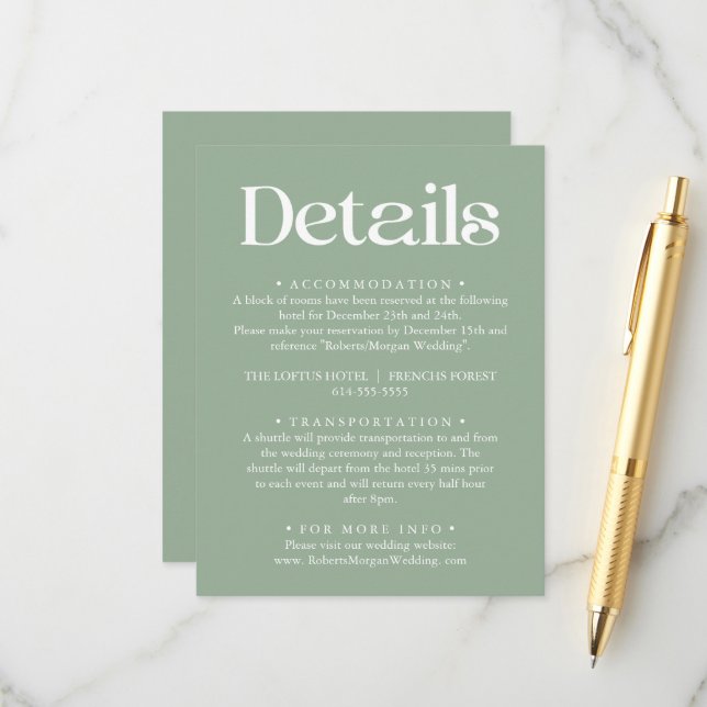 Carte D'accompagnement Typographie moderne Sage Green Détails du Mariage (Devant/Arrière en situation)
