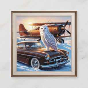 Carte D'accompagnement Un hibou des neiges, un avion et une voiture d'épo
