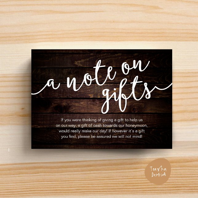 Carte D'accompagnement Un mot sur les cadeaux, Espèces pour la caisse de  (A Note On Gifts, Honeymoon Fund Cash Wish Enclosure Card Rustic Dark Wood )