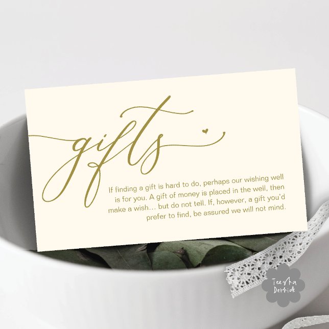 Carte D'accompagnement Une note de cadeaux, Mariage romantique moderne (A note on gifts, Modern Romantic Wedding Enclosure Card Cute Heart Honeymoon Cash Yellow Gold)