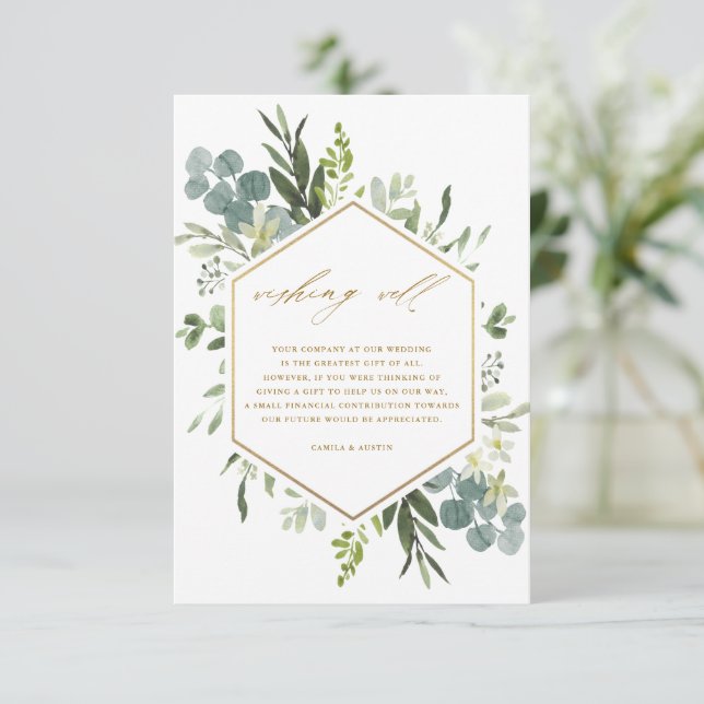 Carte D'accompagnement Verdure Aquarelle Or Mariage Wishing well (Debout devant)