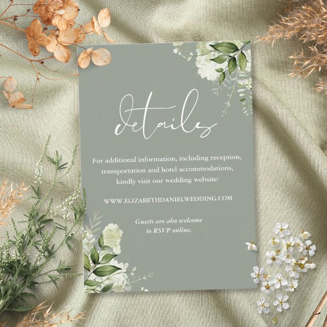 Carte D'accompagnement Verdure Floral Elégant Sage Green Mariage Détails (Greenery Floral Elegant Sage Green Wedding Details Enclosure Card)