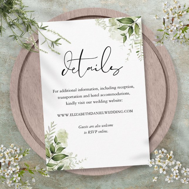 Carte D'accompagnement Verdure Floral Élégant Script Détails Mariage (Greenery Floral Elegant Script Wedding Details Enclosure Card)
