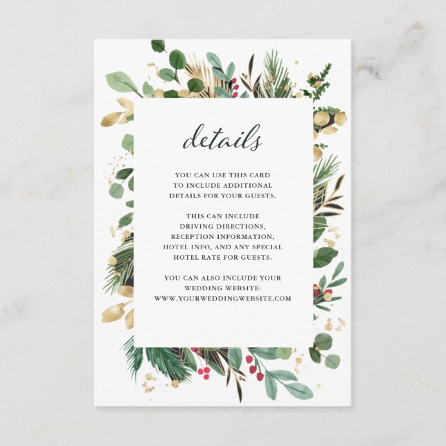 Carte D'accompagnement Vert doré blanc | Christmas Guest Details (Devant)