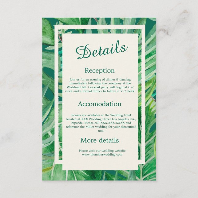 Carte D'accompagnement vert émeraude mariage tropical (Devant)