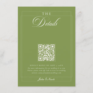 Carte D'accompagnement Vert olive classique calligraphie QR détails ivoir