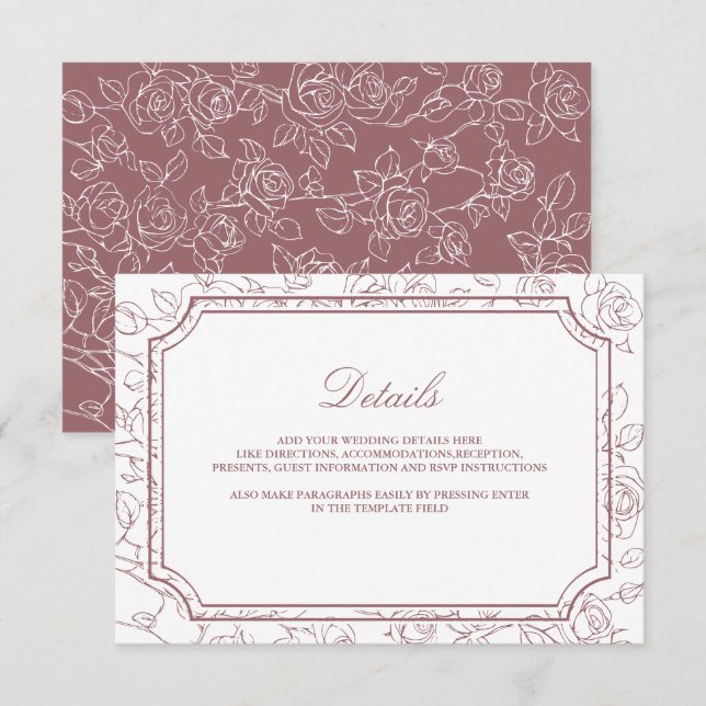 Carte D'accompagnement Victorian Dusty Rose Line Art Wedding Details (Devant / Derrière)