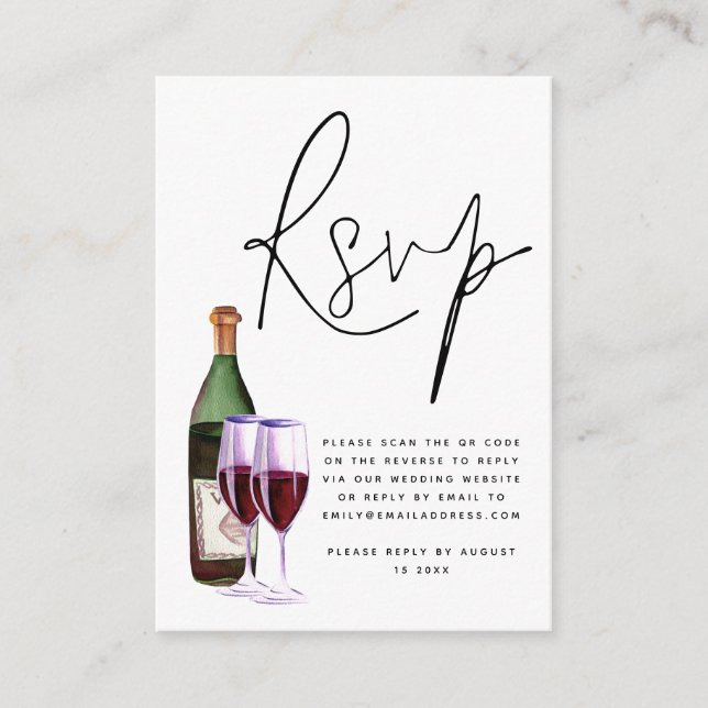 Carte D'accompagnement Vin bouteille de verre Script QR Code Mariage RSVP (Devant)