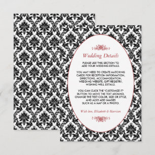 Carte D'accompagnement Vintage Red, Black & White Mariage damassé Détails