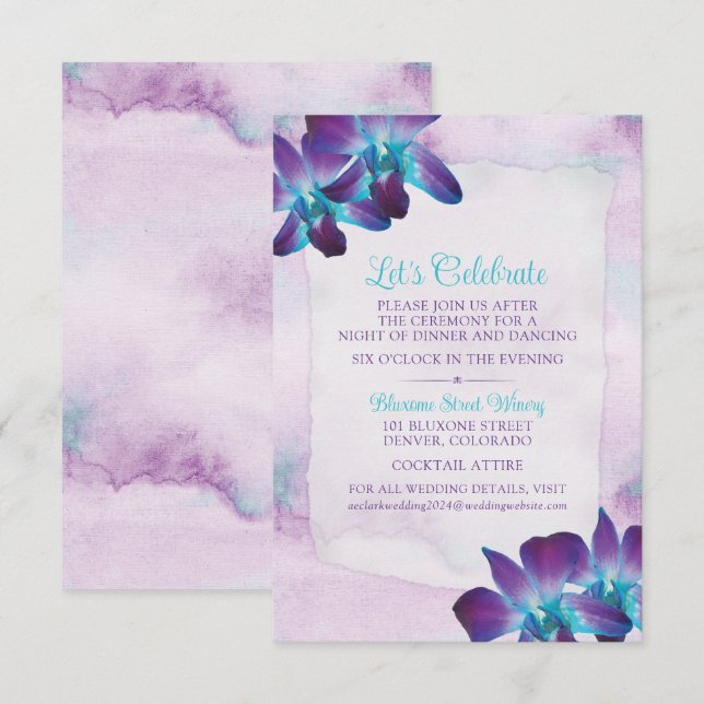 Carte D'accompagnement Violet Turquoise Bleu Dendrobium Mariage orchidée (Devant / Derrière)