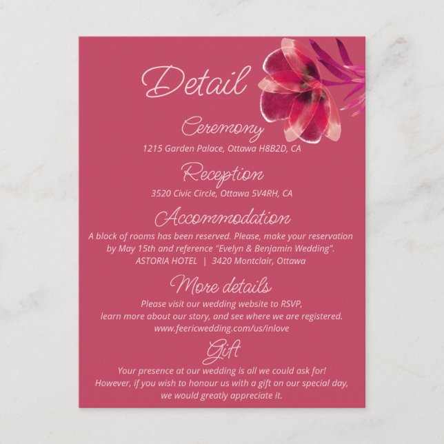 Carte D'accompagnement Viva Magenta, Détails du mariage floral (Devant)
