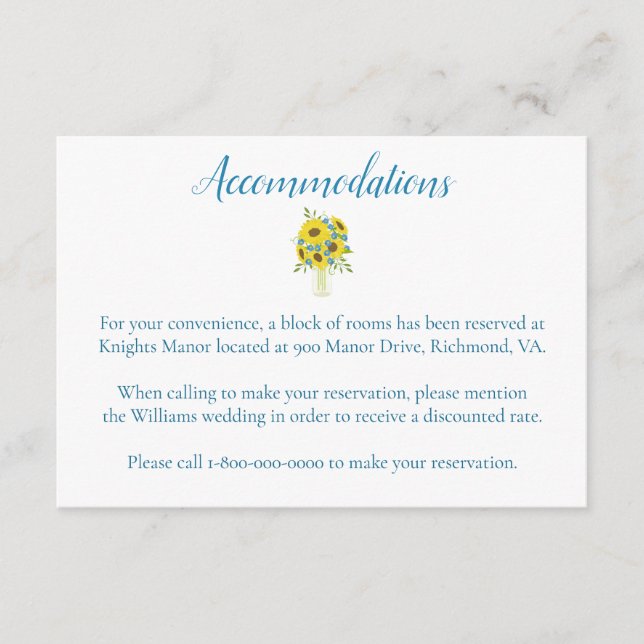 Carte D'accompagnement Votre hébergement hôtel mariage thème tournesol (Devant)