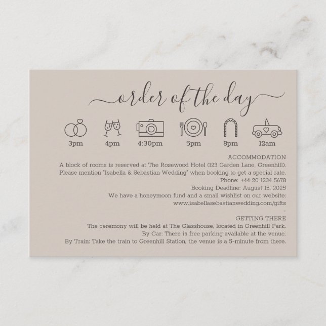 Carte D'accompagnement Wedding Soft Beige Details Order Of The Day (Devant)