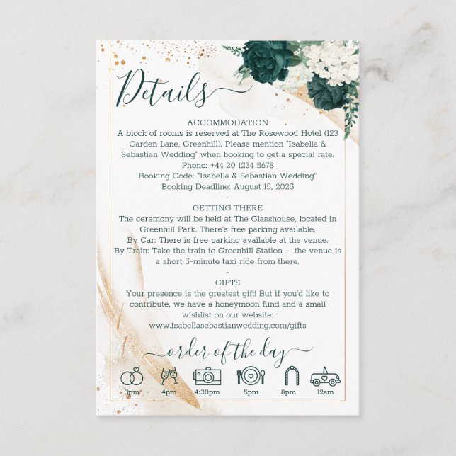 Carte D'accompagnement Wedding White Emerald Green Rose Floral (Devant)
