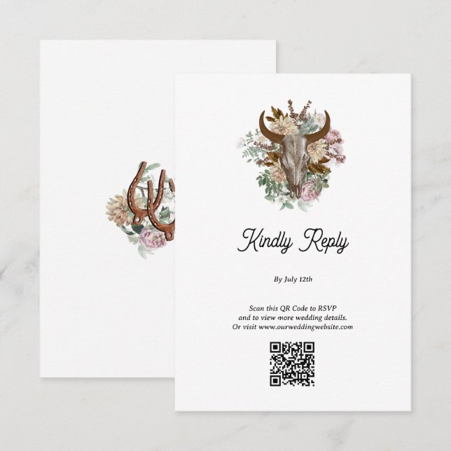 Carte D'accompagnement Western Country Cowboy Boho Cow Mariage crâne (Devant / Derrière)