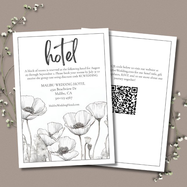 Carte D'accompagnement White Poppies Élégant Floral Mariage Hotel (White Poppies Elegant Wedding Hotel Enclosure Card with QR Code for Wedding Website.)