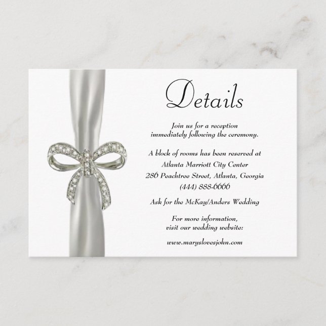 Carte D'accompagnement White Ribbon Diamond Bow Détails du Mariage (Devant)