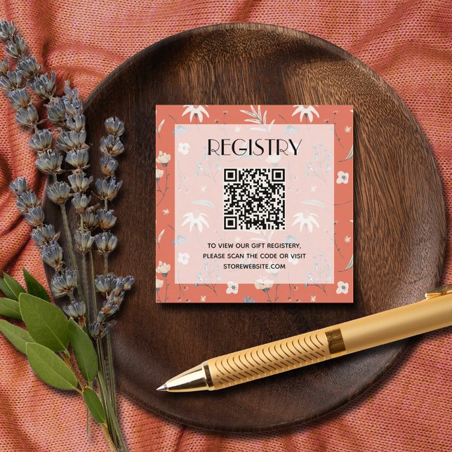 Carte D'accompagnement Wildflower Baby Shower Registry QR Code Terracotta (Wildflowers on terracotta gender neutral baby shower gift registry QR Code enclosure cards)