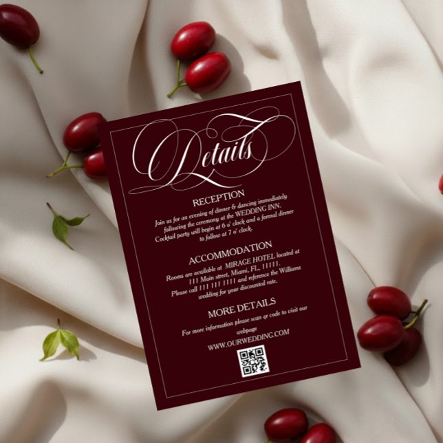Carte D'accompagnement Wine Red Elegant Calligraphy Wedding Details (Créateur téléchargé)