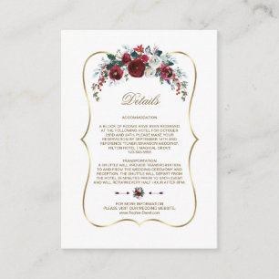 Carte D'accompagnement Winter Burgundy Floral Pine Gold Détails du Mariag