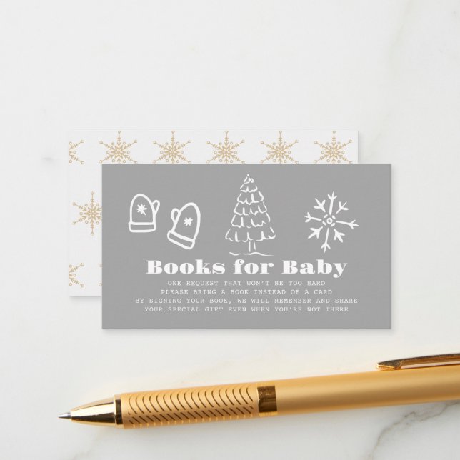 Carte D'accompagnement Winter Gray Hand-Drawn Baby Shower Book Request (Devant/Arrière en situation)