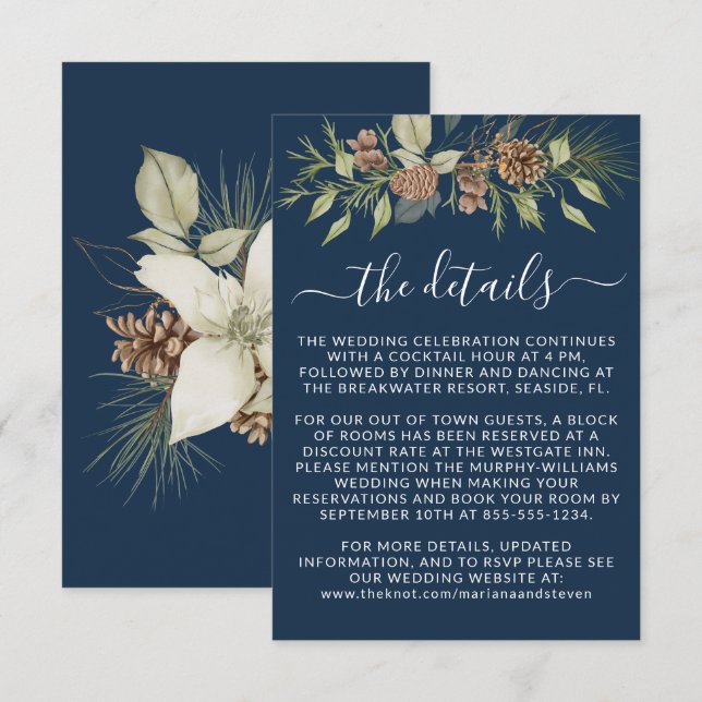 Carte D'accompagnement Winter Navy Blue Détails Mariage du site Web RSVP (Devant / Derrière)